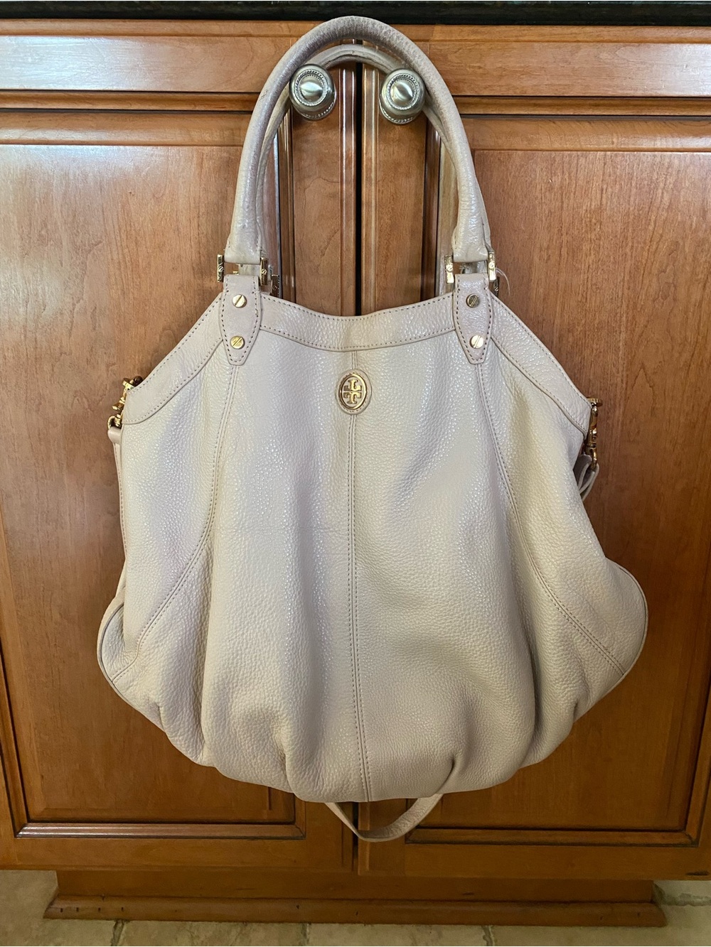 Tory Burch Pebbled Leather Tote in Light Pink with Gold Hardware